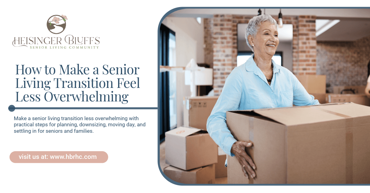 A senior happily carrying a box, moving into a senior living facility